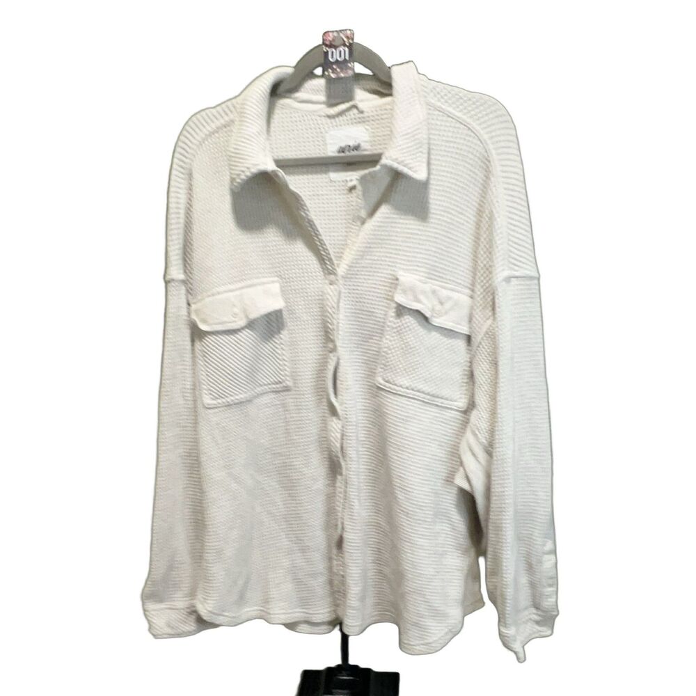 Aerie Women XXL White Long Sleeve Collared Knit Shirt Button Pockets Relaxed - Picture 1 of 6